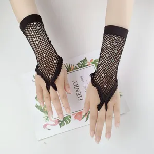 Gants résille sans doigts en strass noirs manches sexy en dentelle pour fête club