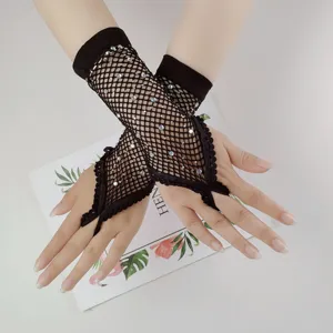 Gants en filet strass noirs sexy dentelle sans doigts accessoires de fete pour main