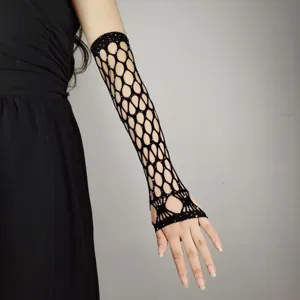 Black mesh rhinestone long fingerless gloves rave party festival costume arm warmers