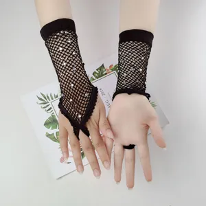 Gants mitaines résille noire strass détail, accessoires de fête rave brillants chic.