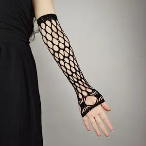 Black mesh rhinestone long fingerless gloves for women party fashion festival apparel.