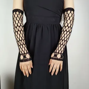 Black mesh rhinestone fingerless long gloves detail view, perfect for festival wear.