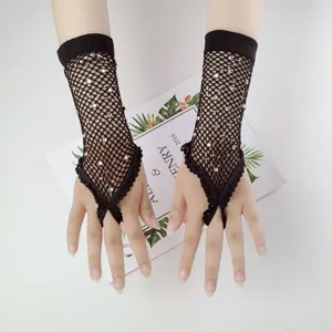 Gants sans doigts résille strass noirs, accessoires étincelants mesh rave fête festival.
