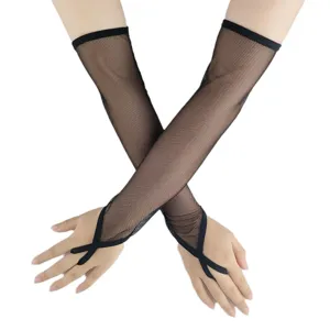 Black long fishnet gloves for women, sexy mesh party and Halloween cosplay costume accessories.
