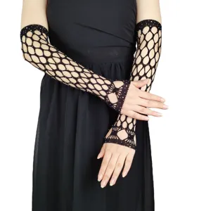 Fashion long fishnet rhinestone gloves, stretchy fingerless design for party and EDM festivals.