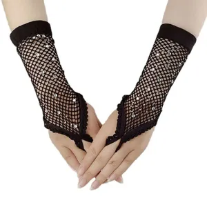 Gants résille noirs sans doigts avec strass, parfaits pour les fêtes EDM et le clubbing.