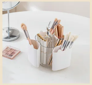 Detail view of the multi-functional rotating makeup brush holder and desktop cosmetic storage box.