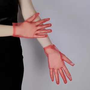 Sheer red mesh short gloves for bridal wedding, elegant performance photography accessory.