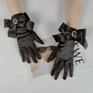 Guanti in Raso Nero Retro Francese con Fiocco di Strass per Sposa Fotografia Accessori