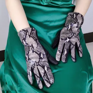 Women fashion snake print touch screen gloves autumn winter warm fleece lined driving gloves
