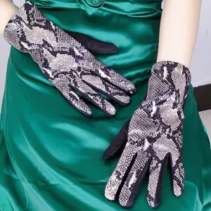 Snake skin pattern faux suede women gloves winter warm windproof touch screen detail view.