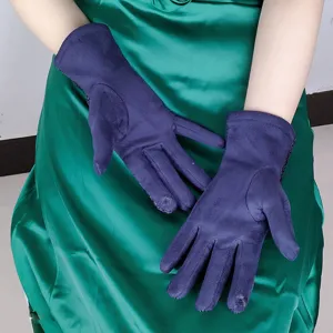 Faux suede touchscreen winter gloves detailed view, showing soft lining and snug fit for women.