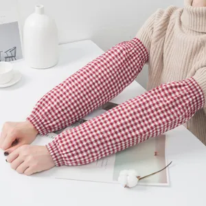 Thickened cotton red plaid over-sleeves, detailed view of fabric texture and long fit.