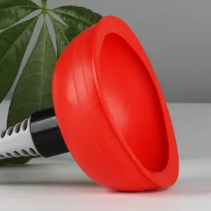 Mini sink plunger for kitchen and bathroom, red rubber suction cup and flexible grey handle.