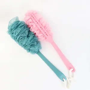 Long-handled bath sponge brush with soft mesh body scrubber for back cleaning and shower use.