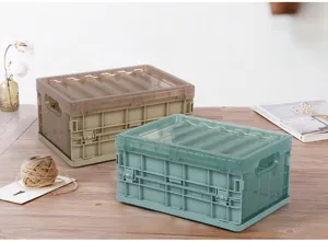 Plastic foldable storage box detail view for organizing clothes and toys efficiently at home.