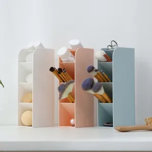 Desktop plastic organizer multi-compartment slanted storage box for stationery makeup brushes.