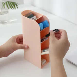 Japanese style desktop plastic pen organizer holder box, pink slanted multi-compartment stationery storage.