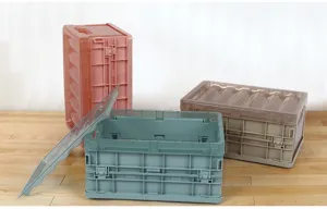 Plastic folding storage box with lid, stackable organizer crate for clothes, toys, and cosmetics.