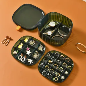 Multi-layer transparent plastic jewelry organizer box with compartments and lid for accessories.