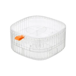 Transparent multi-layer plastic jewelry storage box with lid and convenient compartments.
