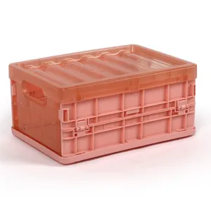 Pink foldable plastic storage box with lid, ideal for desktop organization and clothes.