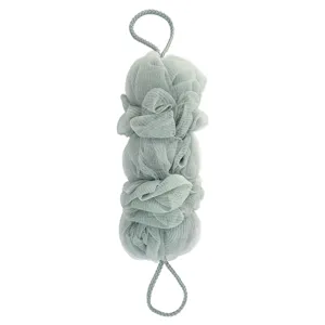Longue éponge de douche en filet avec doubles cordes de suspension pour le dos.
