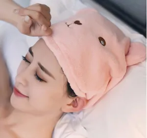 Thickened absorbent dry hair cap with cute bear ears, soft quick-drying shower towel for women.