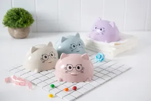 Detailed shot of cute cat shaped soap box with lid, plastic draining design for bathroom use.
