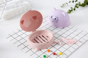 Large cute cat soap dish detail, plastic draining soap holder with lid for bathroom.