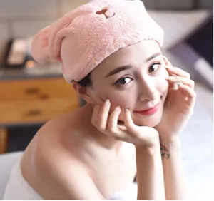 Pink cartoon bear dry hair cap, super absorbent coral fleece quick drying bath towel wrap.