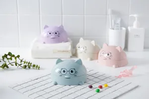 Cute cartoon cat soap box with lid, plastic draining soap holder for bathroom countertop.