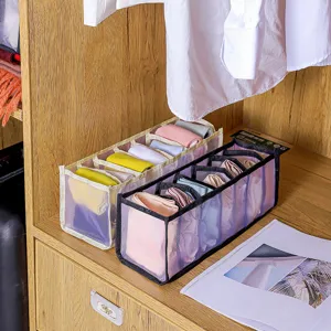 Foldable mesh underwear organizer box for bras, panties, and socks storage in wardrobe.