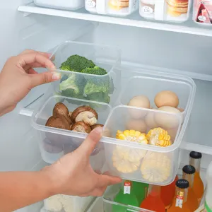 Transparente Kunststoff-Kühlschrank-Aufbewahrungsbox mit Fächern für Lebensmittel und Obst.