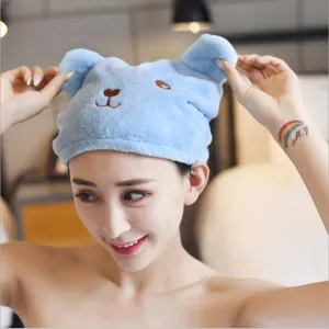 Blue cartoon bear dry hair cap, super absorbent coral fleece quick drying shower bath towel.