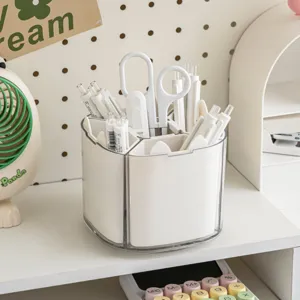 Rotating desk organizer, multi-compartment pen holder and plastic storage box for stationery.