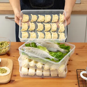 Clear plastic food storage box with lid for kitchen refrigerator, stacked dumpling container.