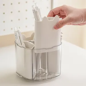Multi-functional rotating desk organizer and pen holder with compartments, plastic makeup brush box.