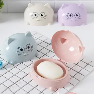 Large covered cartoon cat soap box draining plastic soap holder Nordic style desktop organizer