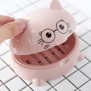 Large pink plastic soap box with cute cat glasses design, covered draining soap dish holder.