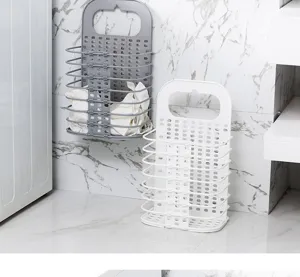 Plastic foldable laundry basket, wall-mounted and standing storage basket for bathroom use.