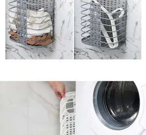 Large foldable laundry basket wall-mounted plastic dirty clothes storage hamper for bathroom.