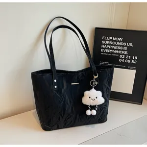Black crumpled tote bag detail with cute cloud keychain, casual large capacity shoulder bag.