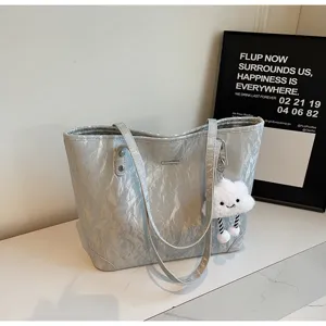 Korean style retro silver crinkled tote bag large capacity casual shoulder bag for women