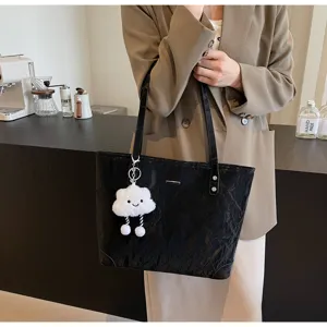 Korean style retro black tote bag with cute cloud charm, large capacity casual shoulder bag