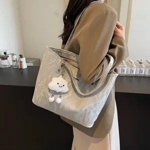 Korean style retro large capacity tote bag minimalist casual shoulder bag with cloud charm