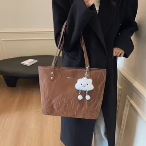 Korean fashion retro brown tote bag large capacity casual single shoulder bag with cloud charm.