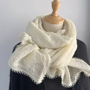 Bufanda fina plisada de encaje liso, chal literario de estilo coreano para mujer elegante.