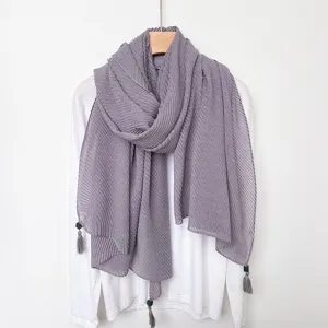 Women Literary Retro Minimalist Solid Color Pleated Fringe Thin Scarf Elegant Fashion Cotton Linen Long Scarf Shawl