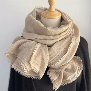 Bufanda arrugada de color liso estilo coreano con borde de encaje delicado, chal elegante.